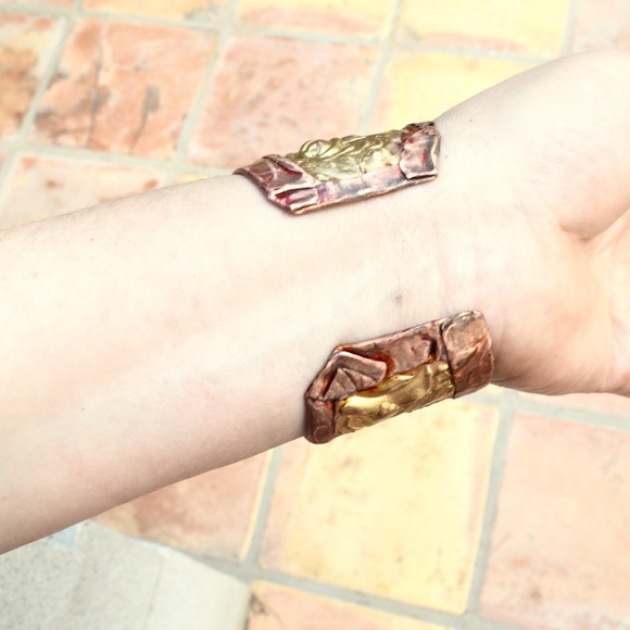 Rose Brass Copper Cuff Bracelet Wide Bohemian Repoussé Handmade Brutalist Rustic - Picture 5 of 8